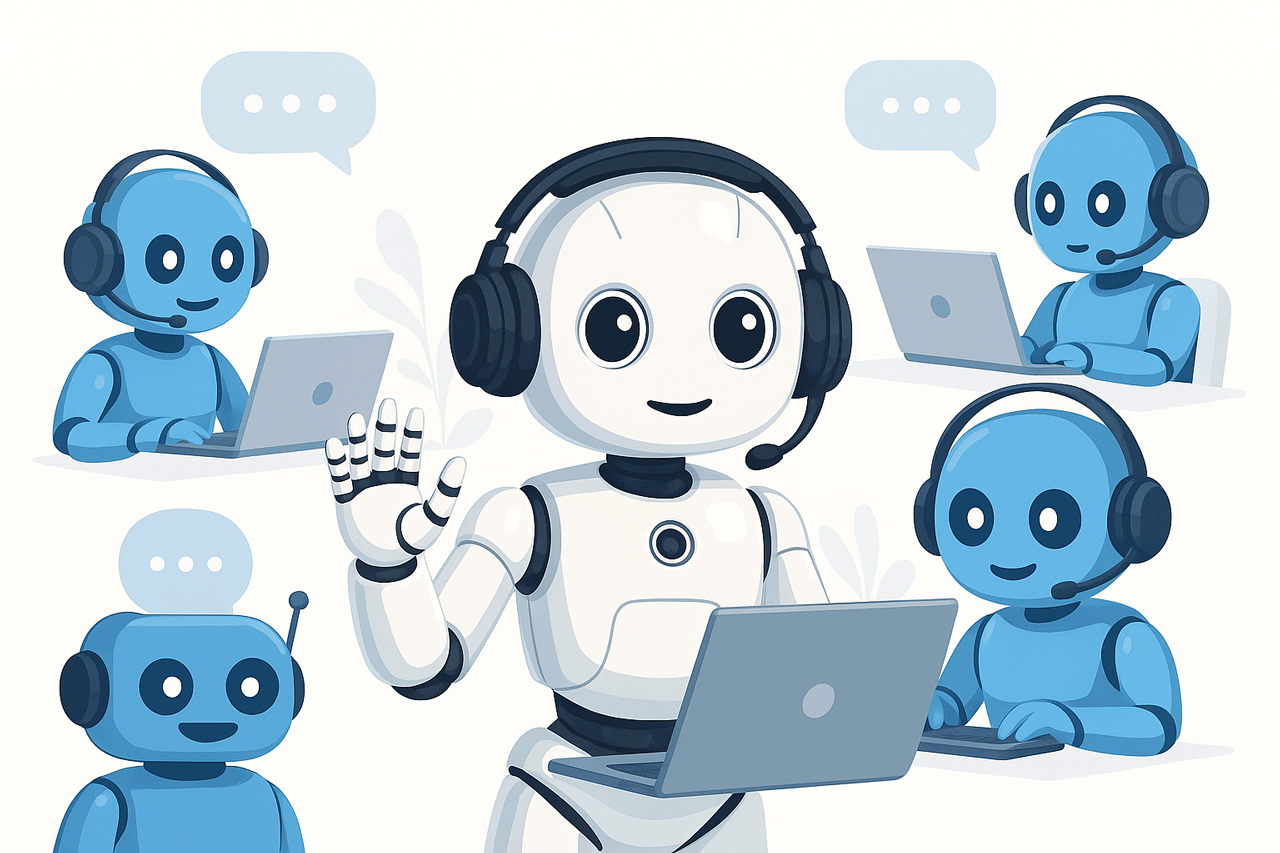 Chatbots and Intelligent Agents working together with Artificial Intelligence alt="Ilustración de chatbots y agentes inteligentes colaborando con IA para atención al cliente - VisionADA"